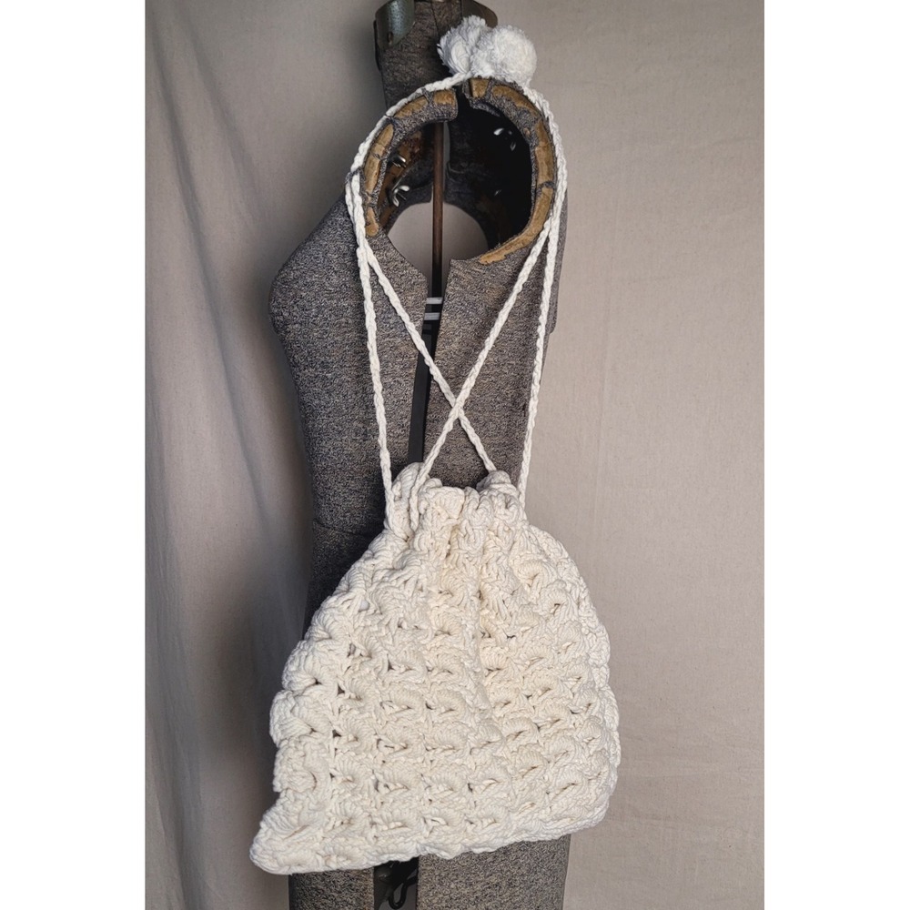 Vintage 60s 70s Boho Crocheted Knit White Shoulder Bag Drawstring Pouch